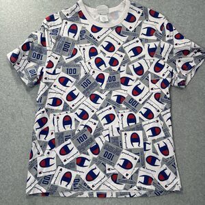 Champion Shirt Mens White Blue All Over Print AOP Short Sleeve Size XL spell out